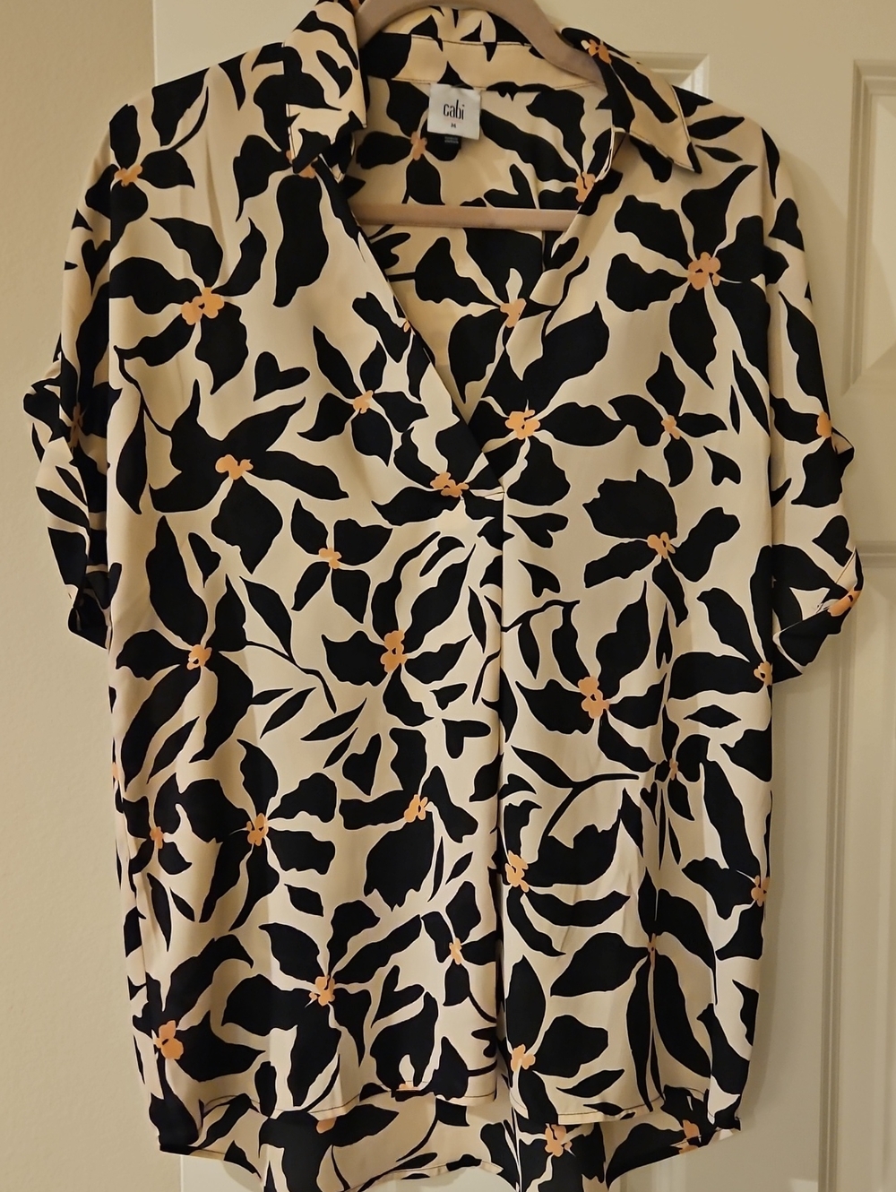 CAbi Black & Cream Floral Button V-Neck Blouse with Peach Accents